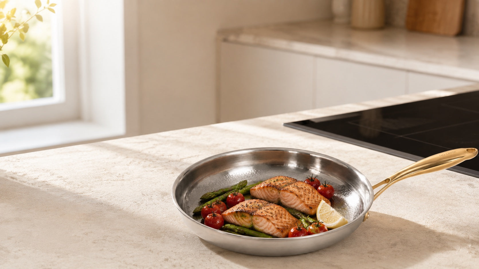 NoLayer frying pan with salmon, asparagus and tomatoes